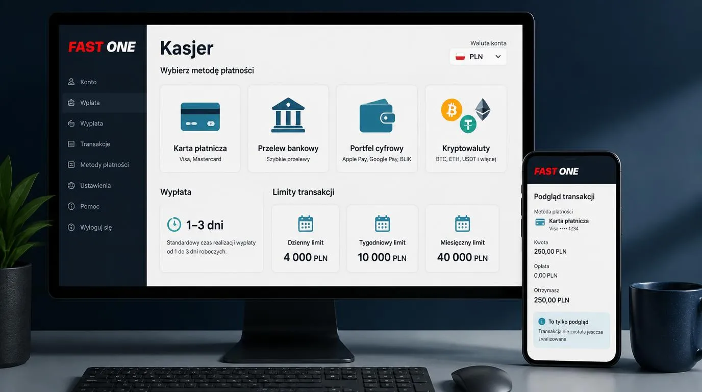 Panel kasjera z saldem w PLN, wyborem karty, przelewu i kryptowalut oraz limitami wypłat