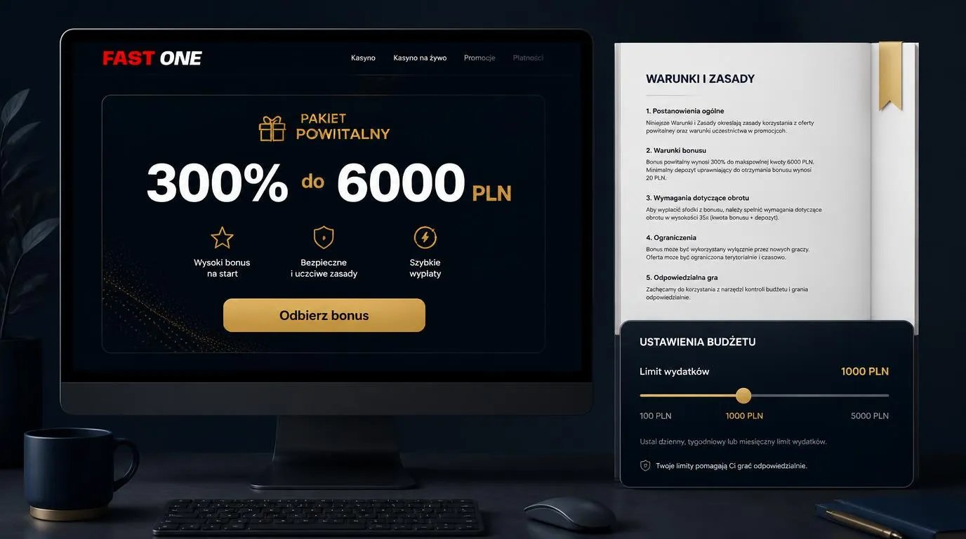 Panel oferty powitalnej 300% do 6000 PLN obok regulaminu i ustawień limitu wydatków