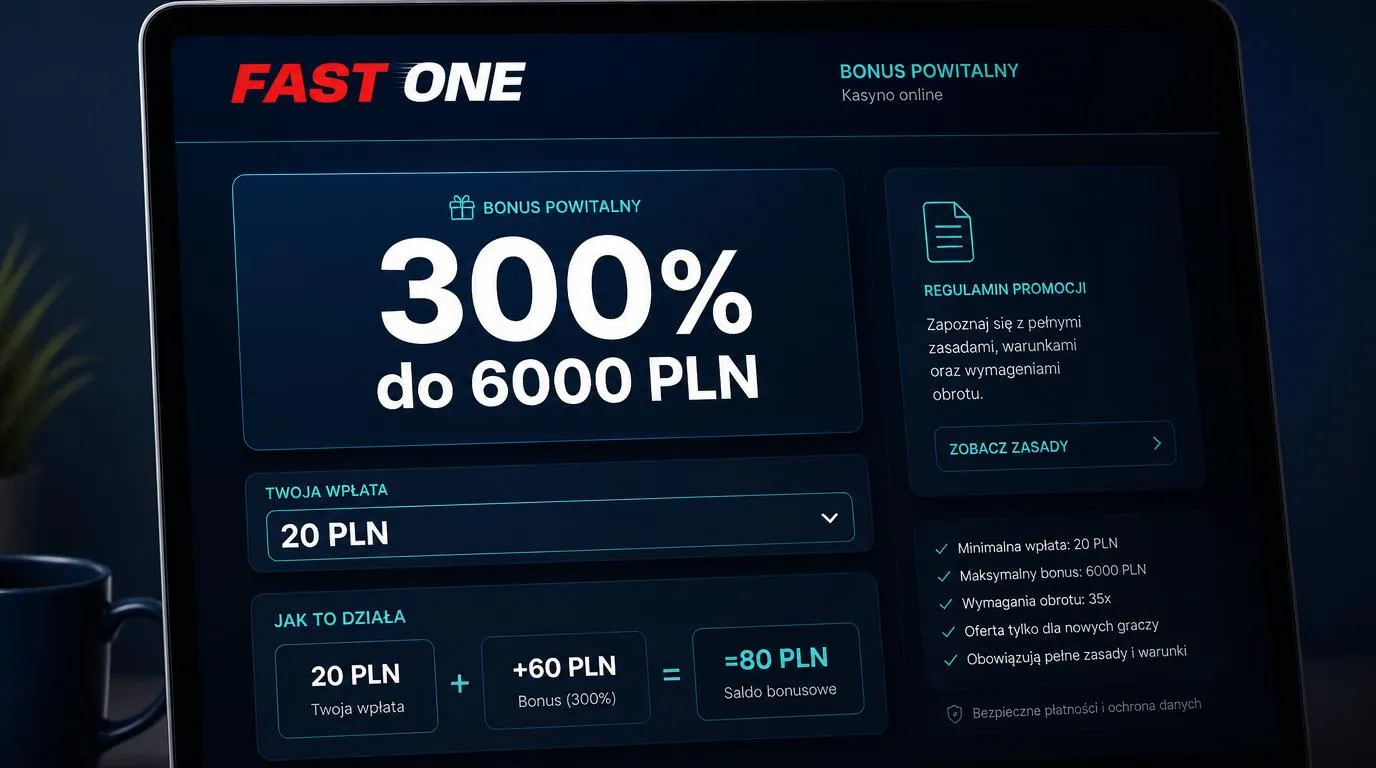 Panel bonusu powitalnego z ofertą 300% do 6000 PLN i minimalnym depozytem 20 PLN